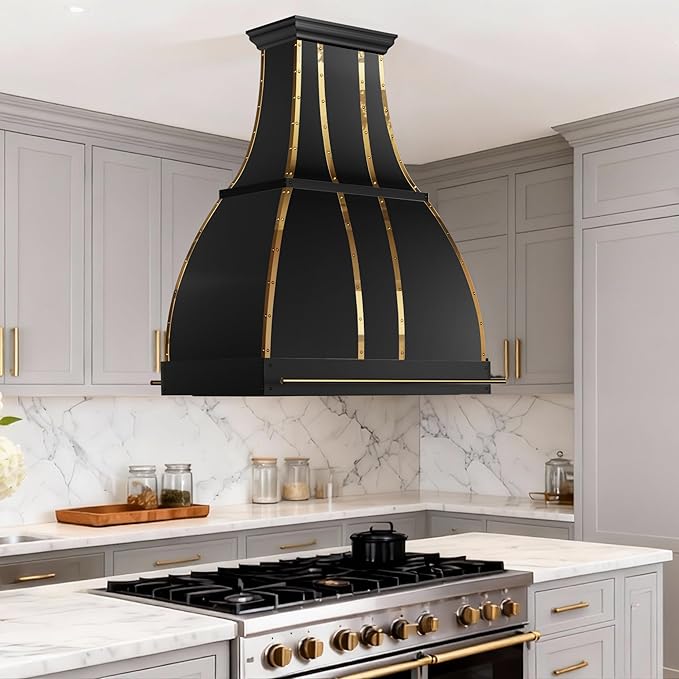 CHETTO C Stainless Steel Range Hood Cover with 4-Speed Vent Hood Insert Custom Handmade Metal Kitchen Fan with Towel Rack LED Light 36"W x27"D x39"H Black Island Mount