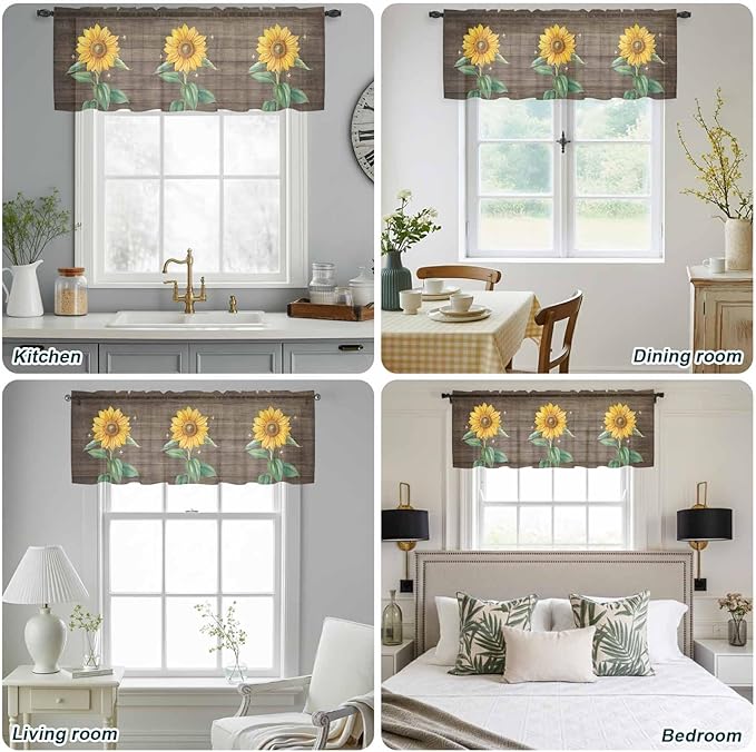 Summer Sunflower Sheer Valance Curtains, Yellow Floral Plants Bees Brown Wood Grain Light Filtering Kitchen Valances Rod Pocket Voile Curtain Window Treatment for Bedroom/Living Room/Basement 42Wx18L