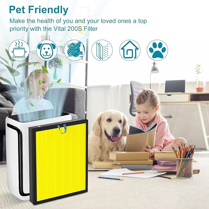Vital 200S Pet Care Replacement Filter Compatible for LEVOIT Vital 200S&Vital 200S-P, 3 in 1 Filtration, Dust Pet Dander Filter&Smoke Pet Odor Activated Carbon Filter, #Part: LRF-V201-YUS, 2P, Yellow