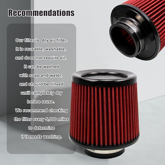 RYANSTAR RACING 76mm 3" High Flow Round Tapered Cone Cool Air Filter Cleaner with Top Filter Design Short 163mm tall