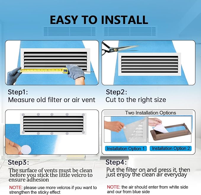 12x90 inches Air Vent Filters, Cut to Size(50+Filters) MERV 8 Electrostatic Floor Vent Filter for Floor Registers, RV, AC, Ceiling, Grilles and Wall HVAC Furnace Vents, 48PCs Adhesive Hook