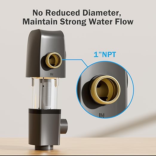 Frizzlife 40 & 100 Micron Spin Down Sediment Water Filter with Pressure Display and Built-in Scraper, Reusable and Flushable Whole House Pre-Filtration System, 1" + 3/4" NPT, BPA Free, JG40-100
