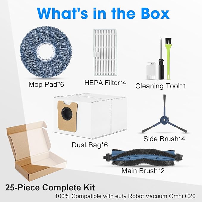 25PCS C20 Replacement Parts for eufy Omni C20 Vacuum Cleaner Includes Main Brush, Mop Pads, HEPA Filters, Dust Bags, Side Brushes High-Performance Compatible with eufy Robot Vacuum Cleaner