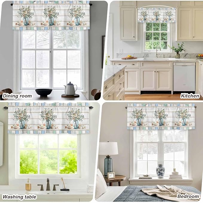 Kitchen Valances for Window, Ocean Starfish Conch Shell Eucalyptus Light Filtering Rod Pocket Valance Curtain, Colorful Wood Grain Short Curtains Window Topper for Bedroom Living Room 42x12in