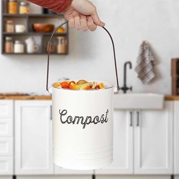 AuldHome Design Kitchen Compost Bin for Countertop | 1.3 Gallon Composting Bucket with Lid | Includes 3 Charcoal Filters | (White Enamel)