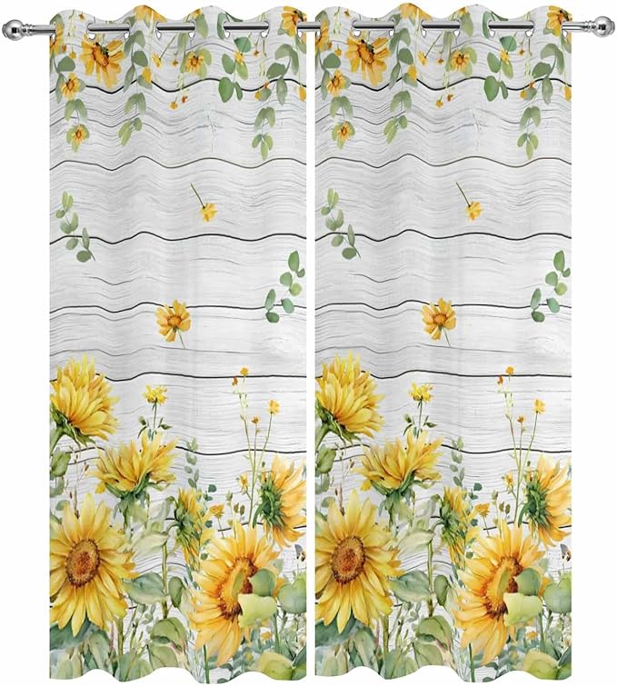 Sunflowers Outdoor Curtains for Patio Summer Floral Eucalyptus Leaf Wood Plank Waterproof Outside Curtains with Grommet Top Weatherproof Curtain for Cabana Pergola Gazebo, 2 Pack, 54" W x 95" L
