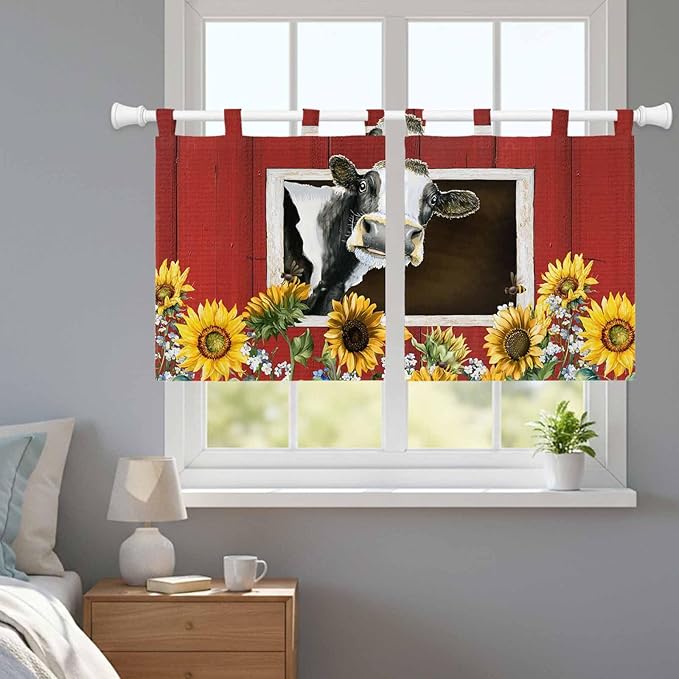 Cows Sunflowers Kitchen Curtains 24 Inch Length, Small Window Curtains Tab Top, Spring Botanical Floral Bees Red Barn Light Filtering Short Window Treatments Tier Drapes 27.5"x24" 2 Panel