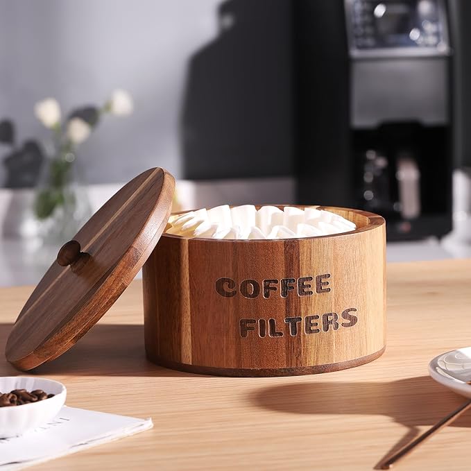 Acacia Wood Coffee Filter Holder and Storage - Round Container for Coffee Bar Organizer, Rustic Dispenser Basket