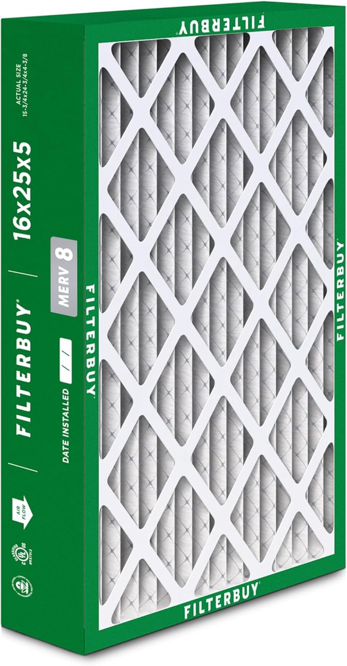 Filterbuy 16x25x5 Air Filter MERV 8 Essential Dust & Allergy Defense (4-Pack), Pleated HVAC AC Furnace Filters for Honeywell FC100A1029, Lennox X6670, and More (Actual Size: 15.75 x 24.75 x 4.38)