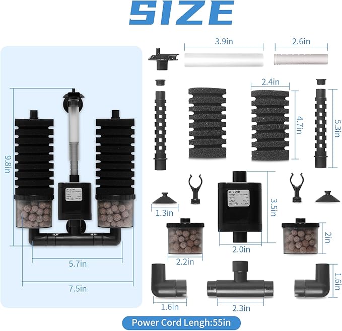 Aquarium Sponge Filter 15-55 Gallon Fish Tank Filter, Electric Power Double Sponge Filter, Quiet Small Low Flow Foam Filter for Fish Tank Betta Shrimp, Intake Dual Sponge Filter Kit w/Bio Balls &Pump