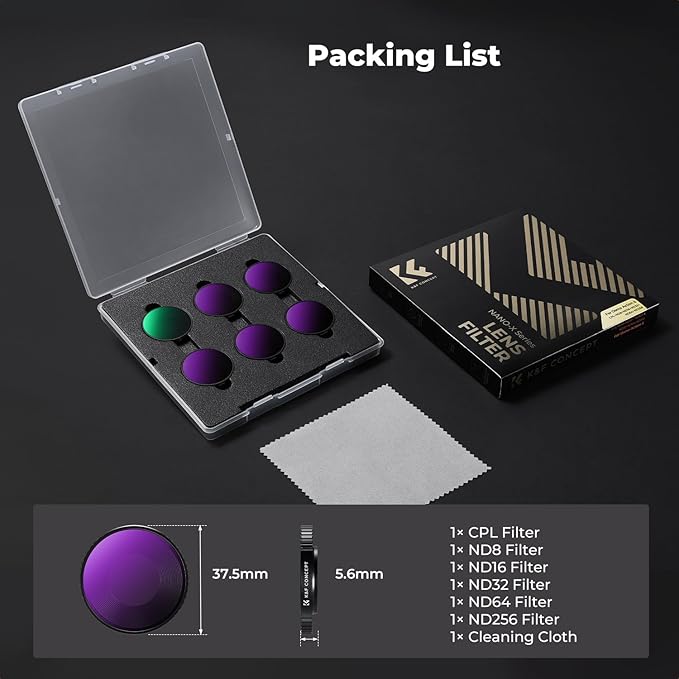 K&F CONCEPT HD CPL ND Filter Kit Compatible with DJI Osmo Action 6 Essential Combo, CPL ND8 ND16 ND32 ND64 ND256 Screw On Fit Action Camera Neutral Density Polarising Filter Optical Glass Multi-Coated