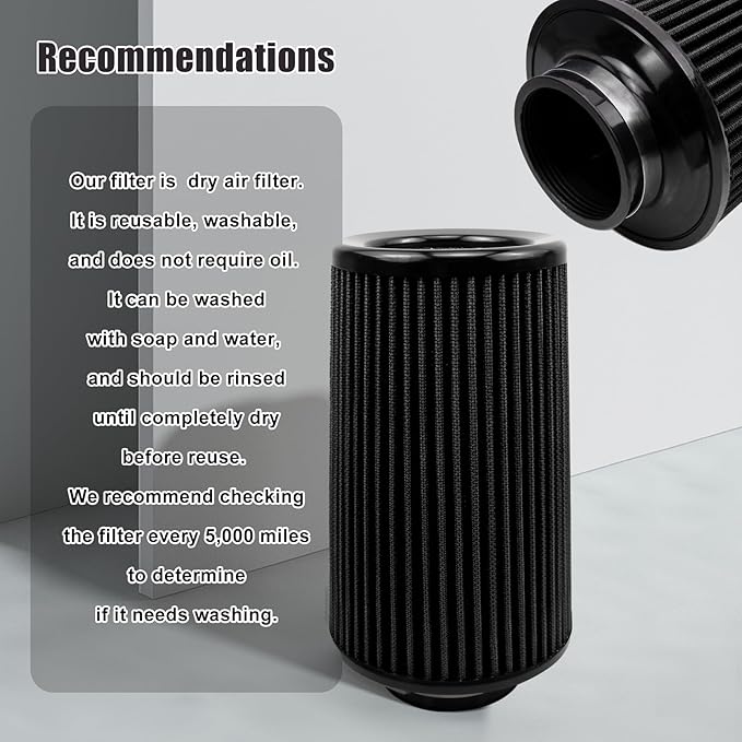 RYANSTAR 76mm 3" High Flow Round Tapered Cone Cool Air Filter Cleaner with Top Filter Design Long 270mm tall Black