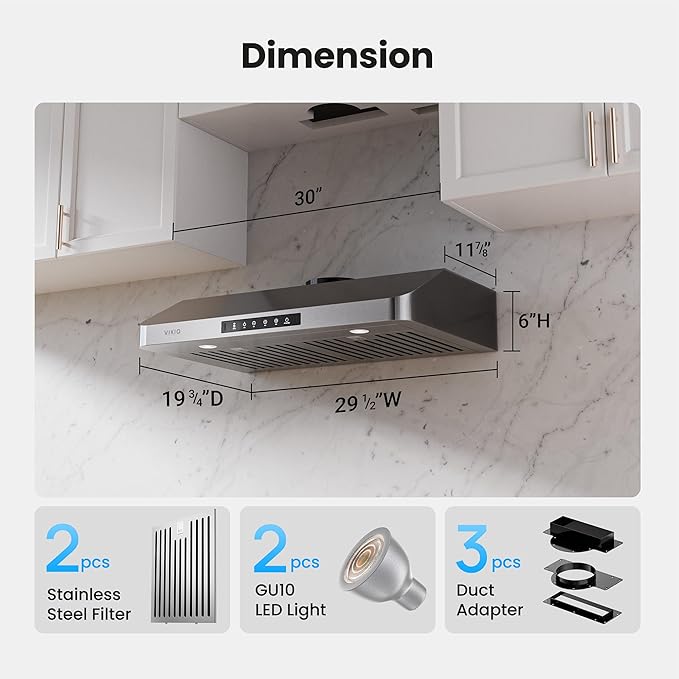 Under Cabinet Range Hood 30 Inch, 980CFM Fast Venting Ducted, Kitchen Hood With 3 Speed Gesture Sensing & Touch Control, Stainless Steel Stove Vent Hood With LED Light And 2 Baffle Filters