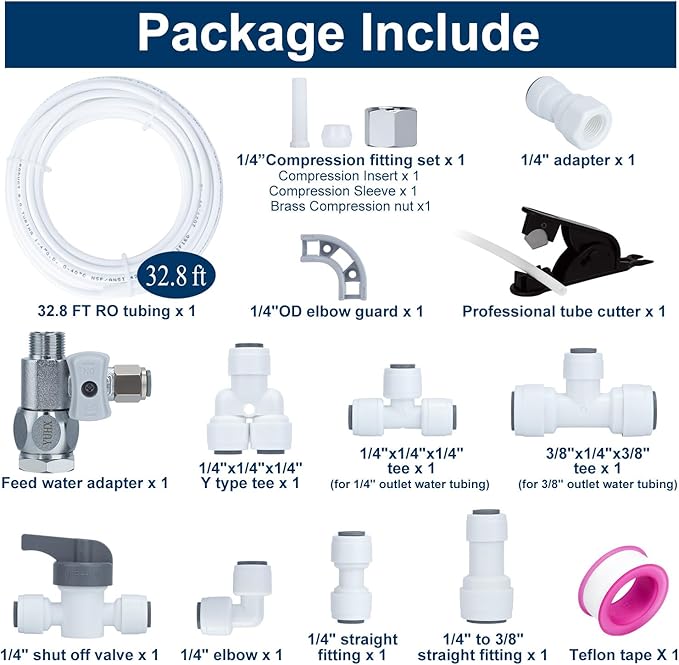 Refrigerator Water Line Kit Connection and 1/4 Compression Ice Maker Installation Kit,1/4" OD Tubing with Quick Connect for Fridge IceMaker RO Systems Water Filter Faucet,+Feed Water Adapetr 32.8ft