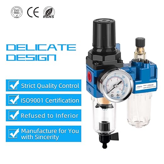NANPU 1/4" NPT Compressed Air Filter Regulator Lubricator Combo, Water/Oil Trap Separator - Gauge(0-150 psi), Poly Bowl, Manual Drain, Bracket - AC2010-02M