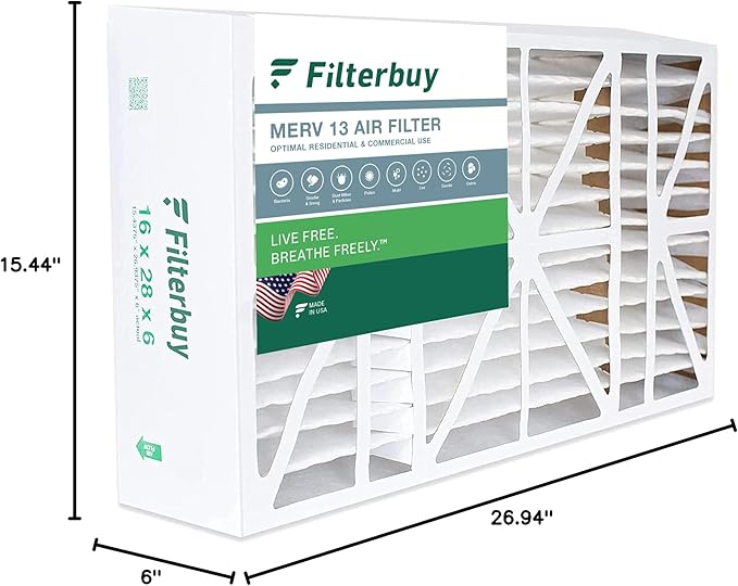 Filterbuy 16x28x6 Air Filter MERV 13 Optimal Smoke & Allergy Defense (1-Pack), Pleated HVAC AC Furnace Filters for AprilAire Space-Gard 401, 2400, & Lennox (Actual Size: 15.50 x 26.88 x 6.00)