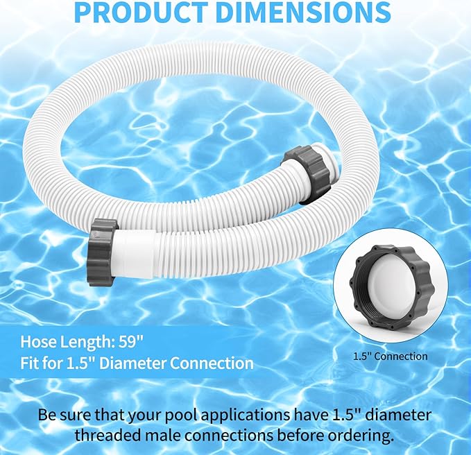 2-Pack 1.5 Inch Pool Pump Hose Replacement for Above Ground Pools, 59" Long Flexible PE Pool Filter Hose for Most 1.5 Inch Diameter Sand Filters & Saltwater Systems Includes 4 Washers (White)