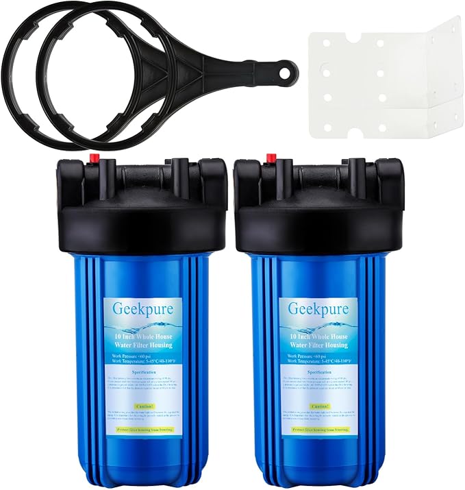 Geekpure 10-Inch Whole House Water Filter Housing 4.5"x10"1-Inch Outlet/Inlet with Wrench and Bracket-Blue Color -Pack of 2