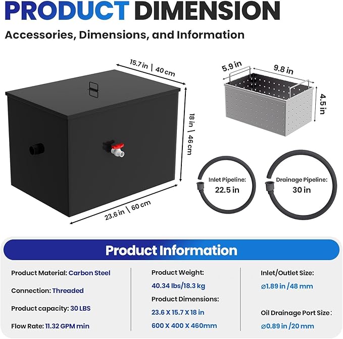 11.3 GPM Under Sink Grease Trap with Filter Baskets, 30 LBS Commercial Grease Trap, 23.6x15.7x18 in, 3-Layer Steel Grease Interceptor for Kitchen, Restaurant, Food Processing