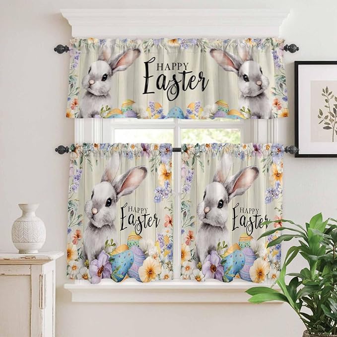 Easter Grey Bunny Kitchen Curtains Set 3 Piece for Windows,Rod Pocket Valance and Tier Set 24 Inch Length,Spring Colorful Eggs Flower Wooden Grain Light Filtering Cafe Curtains for Living Room