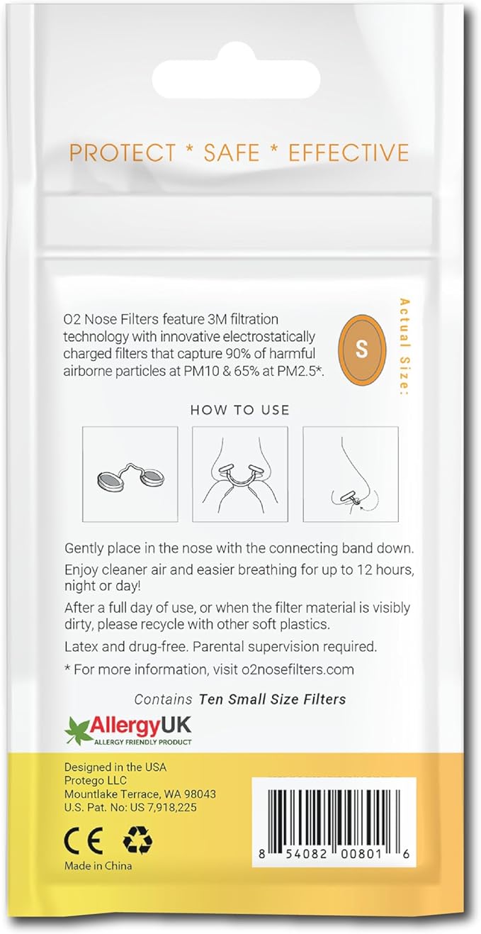 O2 Nose Filters with 3M Filtration - Nasal Screens for Allergies, Dust & Smoke - Drug-Free & Latex-Free Nose Filters - Invisible Allergy Protection (Small x 10)