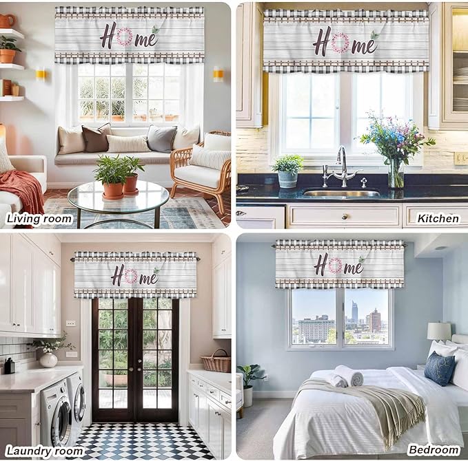 Spring Flowers Curtain Valances for Windows, Kitchen Valance Window Treatment, Farmhouse Watercolor Black Plaid Wood Grain Light Filtering Block Curtains for Bathroom/Bedroom/Living Room 42'' x 12''