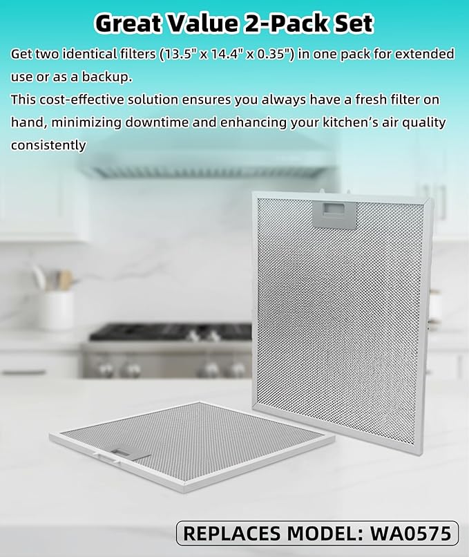 2 Pack WA0575 Range Hood Filters 13.5" x 14.4" x 0.35", 5-Layer Aluminum Mesh Replacement Grease Filters, Compatible with Whirlpool, Vissani, Zline, Ciarra and More