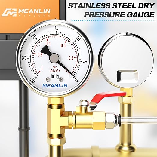 MEANLIN MEASURE -30inHG~0Psi Vacuum Gauge Stainless Steel 1/4" NPT 2" FACE DIAL Waterproof for Air Compressor HVAC Negative Pressure Hand Pump Pool Lower Mount, with 1/2" NPT and 3/8" NPT Hex Bushing