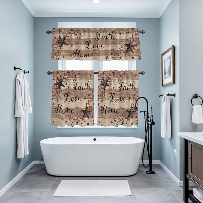 Kitchen Curtains Tiers and Valance Set of 3, Farmhouse Star Brown Light Filtering Window Curtain Set, Retro Branches Berry Wooden Grain Rod Pocket Curtain Drapes for Cafe, Living Room, 24 Inches Tiers