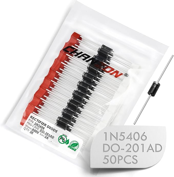 (Pack of 50 Pieces) Chanzon 1N5406 Rectifier Diode 3A 600V DO-201AD (DO-27) Axial 5406 IN5406 3 Amp 600 Volt Electronic Silicon Diodes