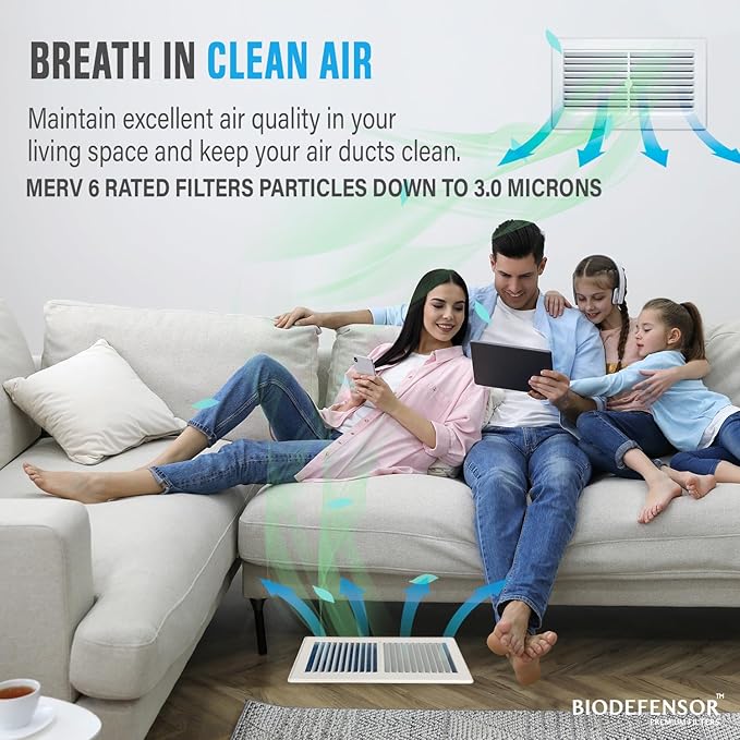 Biodefensor 20"x90" Air Vent Filters, Made in USA, MERV 6 High-Airflow, Cut to Size Material for Home Floor, Grilles, Ceiling, Wall HVAC Furnace Vents, Includes Adhesive Hook Tape, Prep Pad