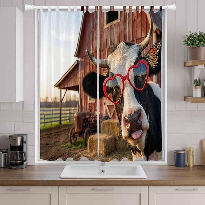 Farm Cows Living Room Curtains 96 Inch Length, Window Curtains Tab Top, Farmhouse Barn Funny Animals Butterfly Light Filtering Window Treatments Drapes 52"x96" 2 Panel