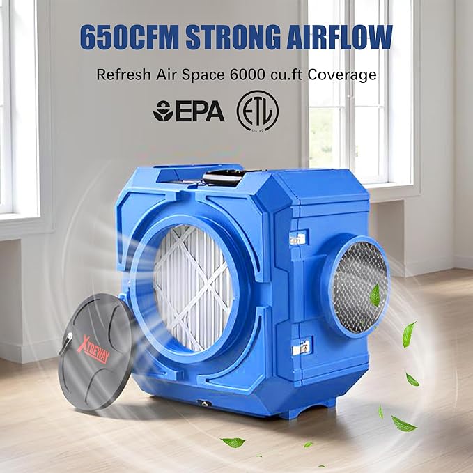 650CFM Hepa Air Scrubber with 4-Stage Filtration, Stackable Negative Air Machine, Commercial Air Purifier with MERV-10/HEPA/Carbon Filters for Water Damage, Construction, Industrial and Home Use