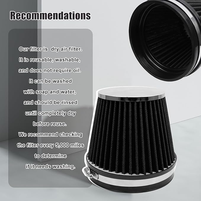 RYANSTAR 152mm 6" High Flow Round Tapered Cone Closed-Top Washable Clamp-On Dry Air Filter short 155mm tall Black