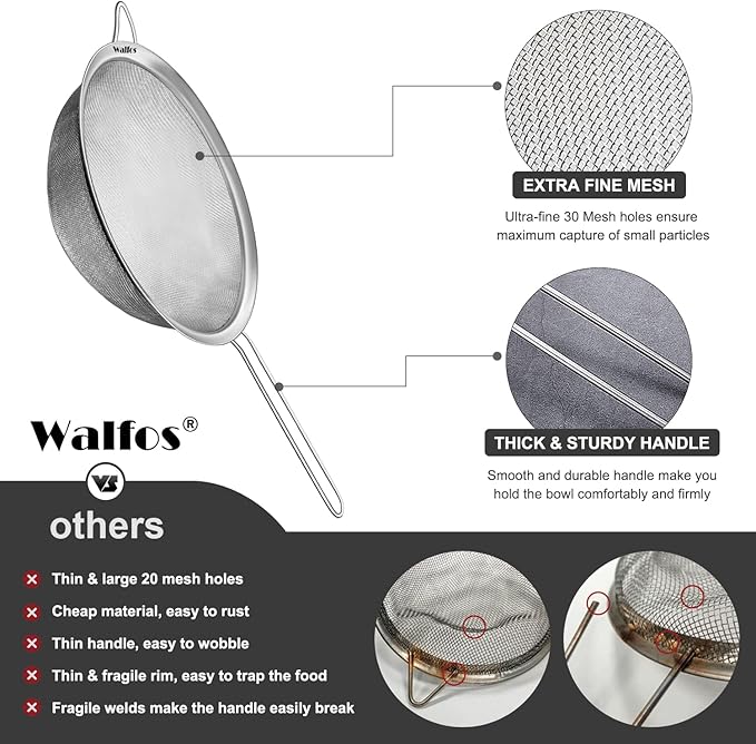 Walfos 8.6 Inch Large Fine Mesh Strainer, Kitchen Metal Food Strainers with Sturdy Handle, Stainless Steel 30 Mesh Sieve Sifters for Rice, Quinoa, Pasta, Fruits, Vegetables, etc.
