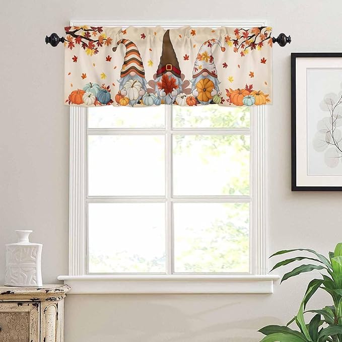 Fall Kitchen Curtain Set, Orange Pumpkins Thanksgiving Gnomes Autumn Maple Leaf Window Valance and Tiers 36" Length, Light Filtering Short Curtains Valance for Cafe Bathroom Bedroom 54"x18"