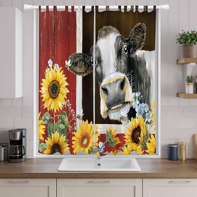 Cows Sunflowers Living Room Curtains 84 Inch Length, Window Curtains Tab Top, Rustic Farms Barns Flowers Bees Animals Light Filtering Window Treatments Drapes 52"x84" 2 Panel