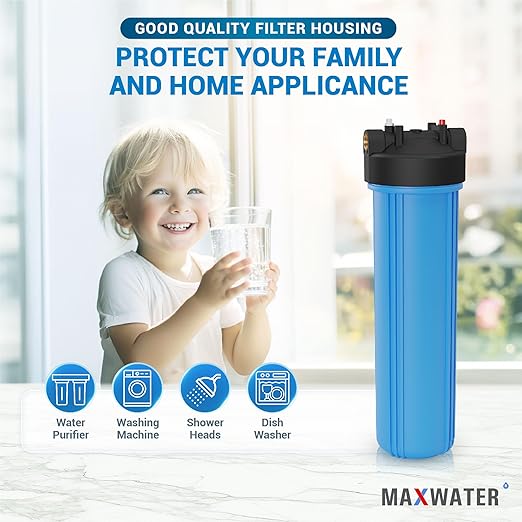 Max Water 20" x 4.5" Whole House Water Filter Housing (WHB20), 20" Sediment Carbon Filter Universal Housing (DB20P), Big Filter Blue Pre-Filtration System for Well Water, 1" NPT Port, Pressure Release