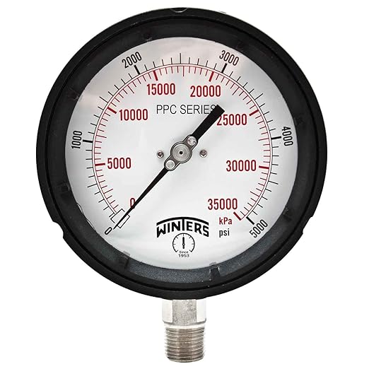 Winters PPC Series Phenolic Dual Scale Process Pressure Gauge with Stainless Steel Internals, 0-5000 psa/kpa, 4-1/2" Dial Display, +/-0.5% Accuracy, 1/2" NPT Bottom Mount