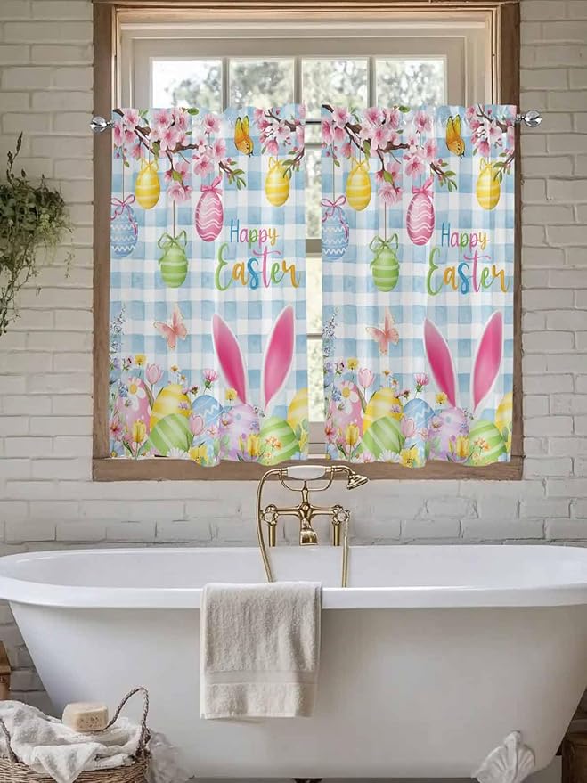 Happy Easter Kitchen Curtains 54 Inches length, Spring Watercolor Bunny Eggs Flower Blue Plaid Window Treatment Curtain Drapes, Decorative Window Curtains for Bedroom Cafe, 52"x54", 2 Panels