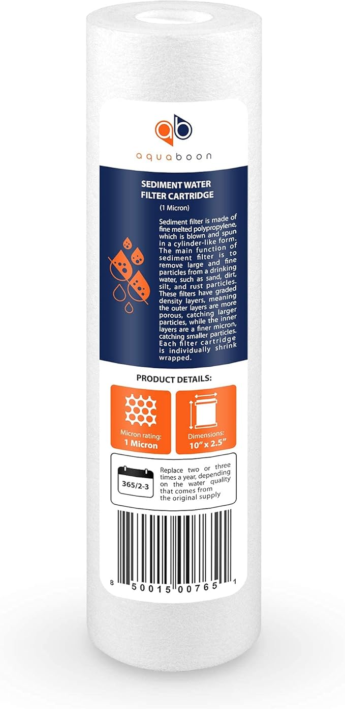 Aquaboon 1 Micron Whole House Sediment Filter 10 x 2.5 for RO & Well Water Filters Replacement Cartridges Compatible with AP110, WHKF-GD05, 6 Pack