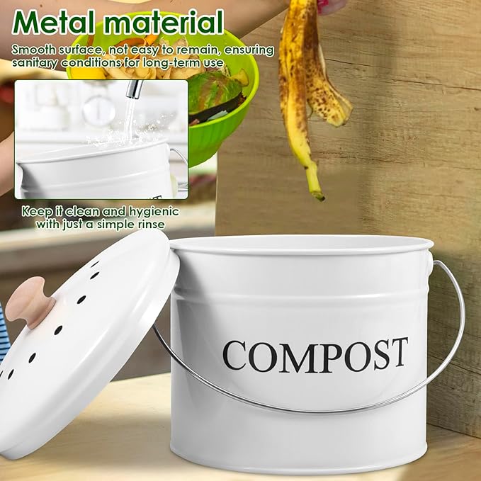 Kitchen Compost Bin 0.8 Gallon Metal Countertop Compost Bin with Lid and Handle, Smell Resistant Indoor Waste Bucket for Food Waste(White,1)