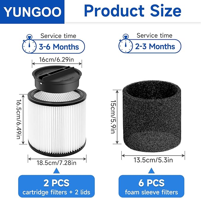 Replacement Cartridge Filter Compatible with Shop Vac 90304, 90350, 90333,90585, 2 Vacuum Filters + 2 Lids + 6 Foam Sleeve Filters Fits 5 Gallon and Above Wet/Dry Vacuum Cleaners