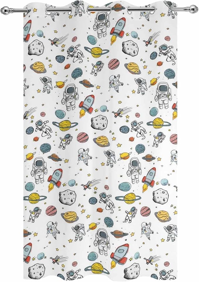 Cartoon Space Outdoor Curtains for Patio Astronauts Spacecraft Rockets Waterproof Outside Curtains with Grommet Top Weatherproof Curtain for Cabana Pergola Gazebo, 1 Panel, 54" W x 95" L