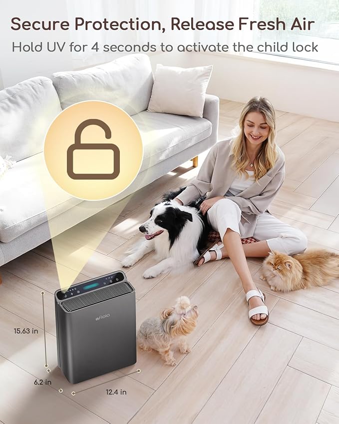 Afloia Air Purifier for Home Large Room Bedroom Up to 2000Ftยฒ with PM2.5 Air Quality Monitor Smart Auto Mode, Washable Pre Filter Cleaner for Pet, Grey