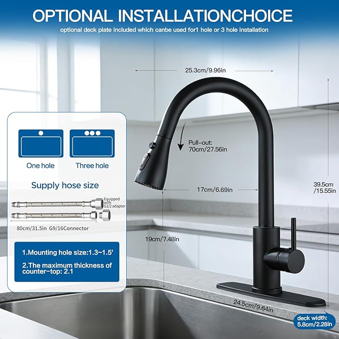 Kitchen Sink Faucet with Pull - Down Sprayer, 2 - Handle 3 - in - 1 Kitchen Sink Filter Faucet, Cold and Hot Mixer Drinking Water Faucet (Classic, Black-2)