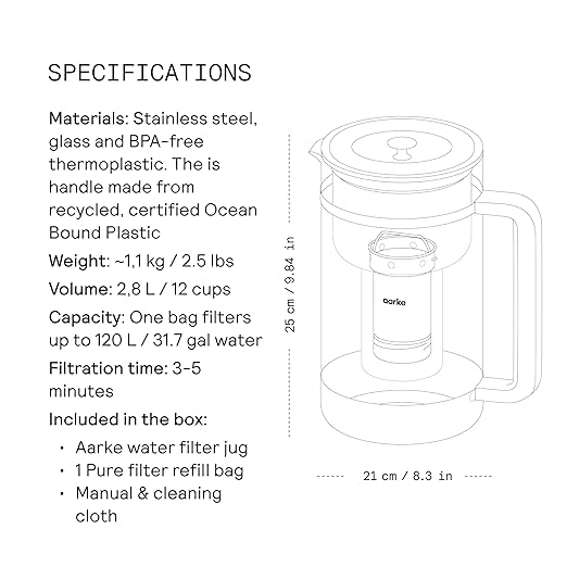 Aarke Purifier Glass Water Pitcher, Refillable Stainless Steel Filter, 8-Weeks Performance, BPA-Free, Dishwasher Safe, Pure & Enriched Refill Granules, 1.66L (7 Cups) Capacity