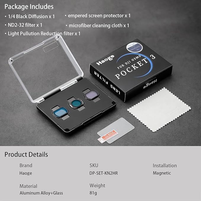 Haoge Magnetic Filter Set for DJI Osmo Pocket 3,Includes 1/4 Black Mist Filter,Light Pullution Reduction Filter,Variable ND 2-32,and LCD Screen Protector,Multi-Coated HD Optical Glass