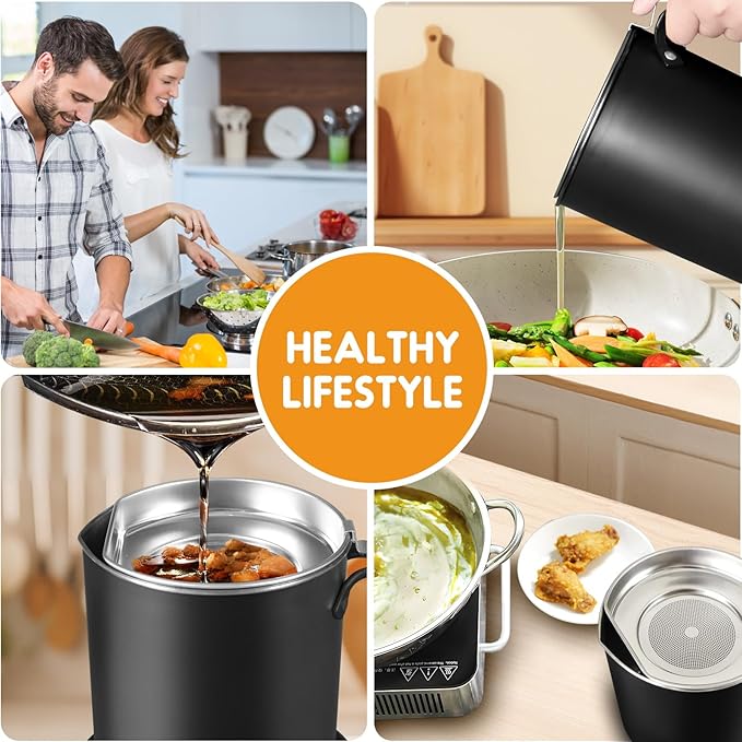 Chihee Grease Container Stainless Steel Bacon Grease Saver with Fine Mesh Strainer 2L / 67.6 fl oz Oil Container Grease Can with Dust-proof Lid Non-slip Tray for Kitchen Storing Frying Cooking Grease
