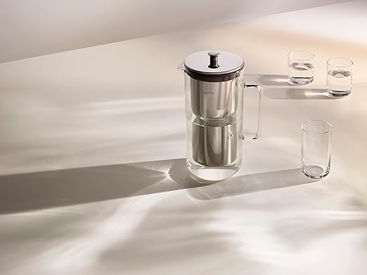 Aarke Purifier Glass Water Pitcher, Refillable Stainless Steel Filter, 8-Weeks Performance, BPA-Free, Dishwasher Safe, Pure & Enriched Refill Granules, 1.18L (5 Cups) Capacity
